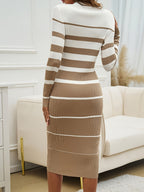 Stylish Commuter Casual Slim Fit Sweater Dress with Round Neck, Long Sleeves and Hip-Hugging Design in Striped Contrast for All Seasons - Khaki