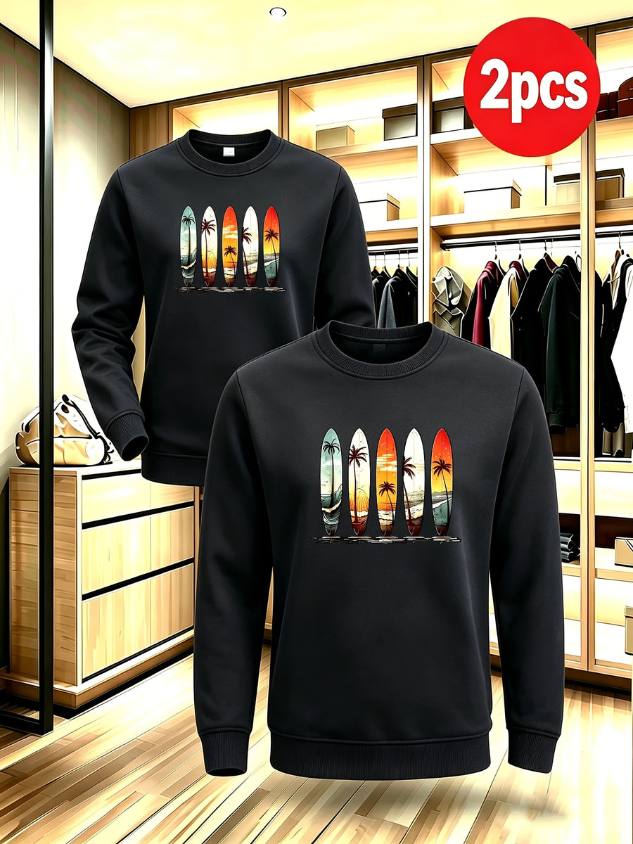 2pcs Men'S Fall Winter Thick Fleece Lined Crewneck Pullover, Retro Beach Surfboard Tree Sunset Graphic, Versatile Warm Long Sleeve Top, Daily Commute, Outdoor Activity, Street Style, Friend Meetup - Black