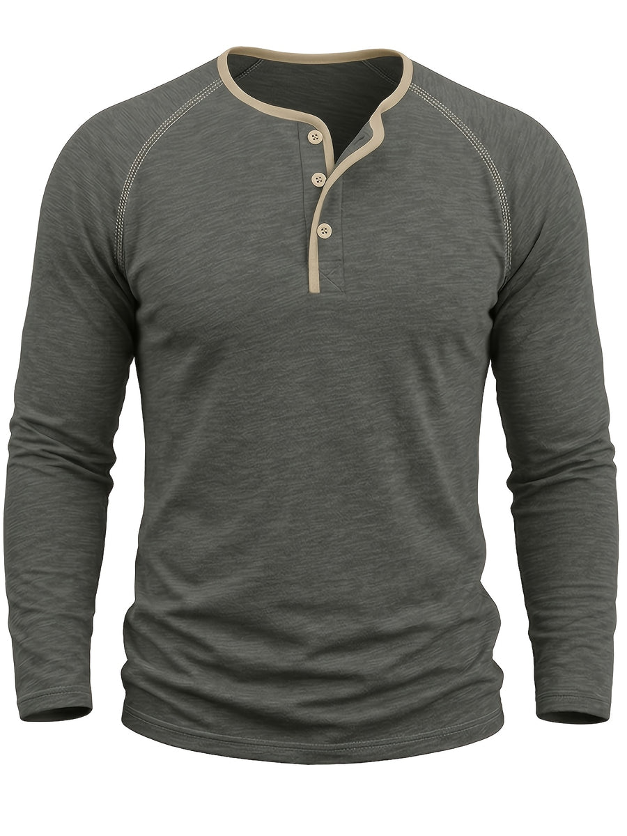 Autumn Winter Men'S Henley Shirt, Fashion Casual New Long Sleeve Men'S Top, Round Neck Button-Up Base Layer T-Shirt - Dark Gray