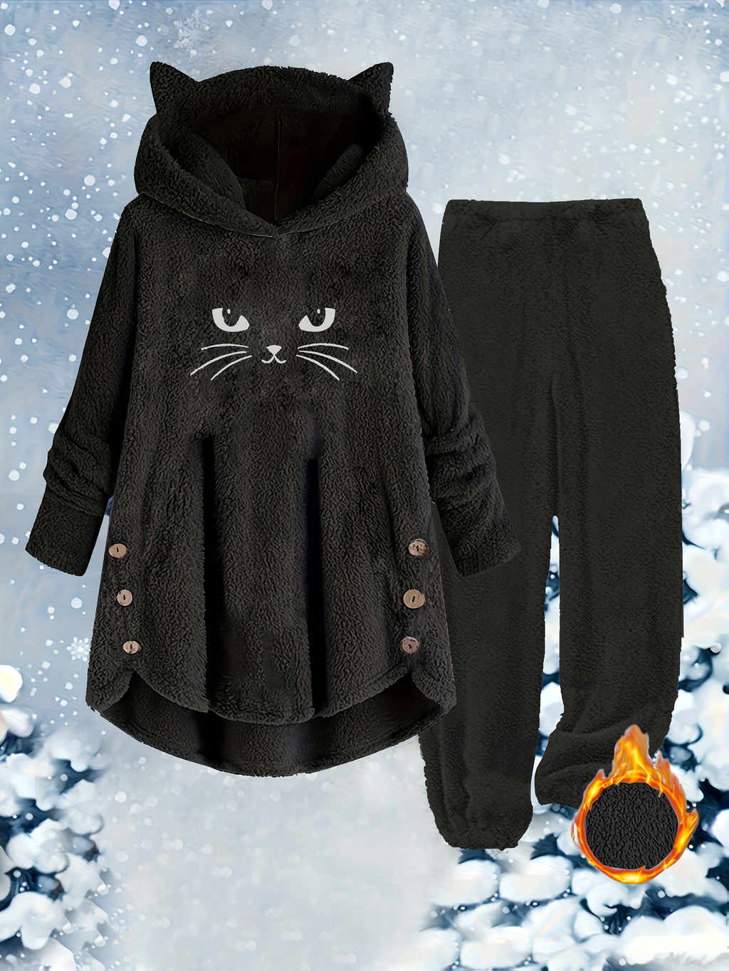 Targeted Development Fashion Women'S Contrast Plush Cat Ear Cute Casual Hoodie And Pants Set - Black