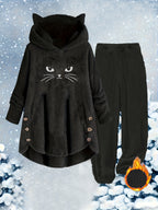 Targeted Development Fashion Women'S Contrast Plush Cat Ear Cute Casual Hoodie And Pants Set - Black