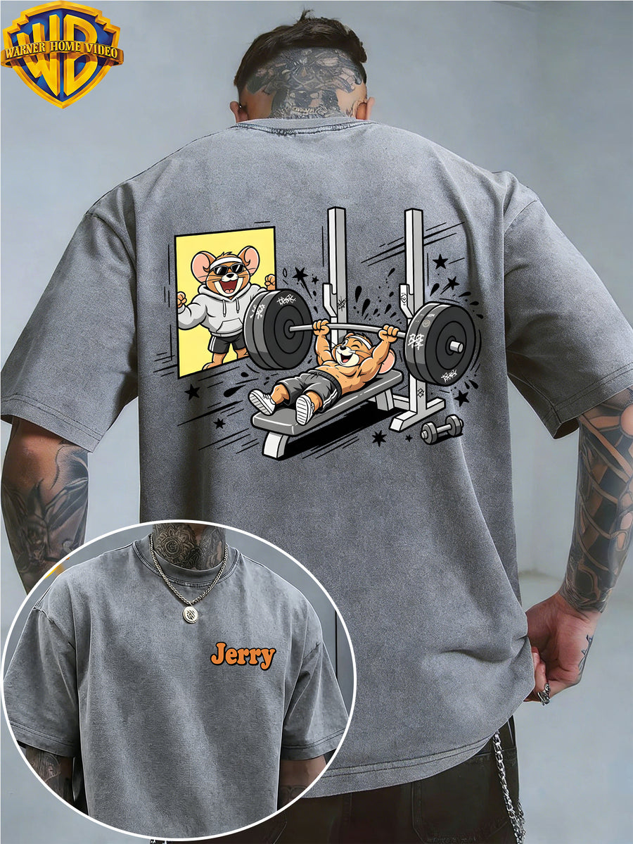 Officially Licensed by Warner Bros., Men'S Short-Sleeve T-Shirt with Playful 'Little Mouse Lifting Weights' Print, Featuring an American Retro Washed And Distressed Look. Perfect for Outdoor Activities And Daily Commutes; Machine Washable - Grey