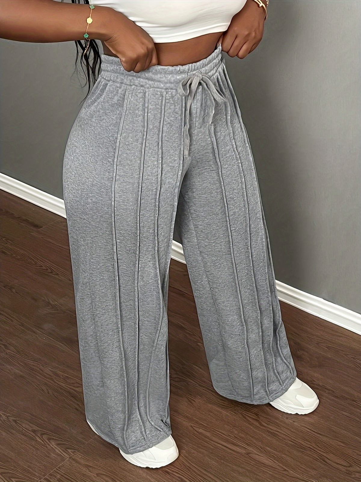 Fashion Casual Ribbed Waist Lace-up Elastic Waist Sweatpants | Women'S Straight Leg Pants for Fall/Winter - Grey