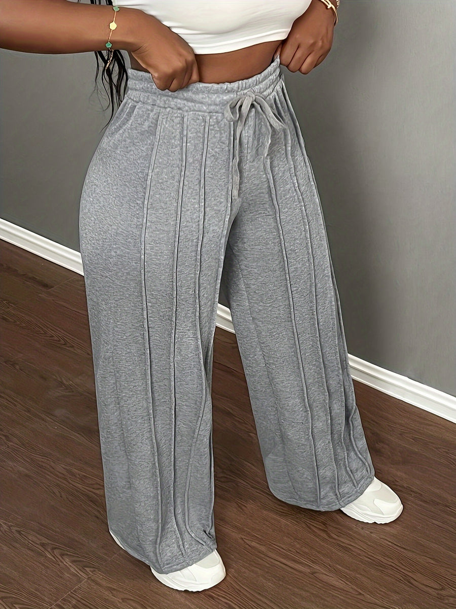 Fashion Casual Ribbed Waist Lace-up Elastic Waist Sweatpants | Women'S Straight Leg Pants for Fall/Winter - Grey