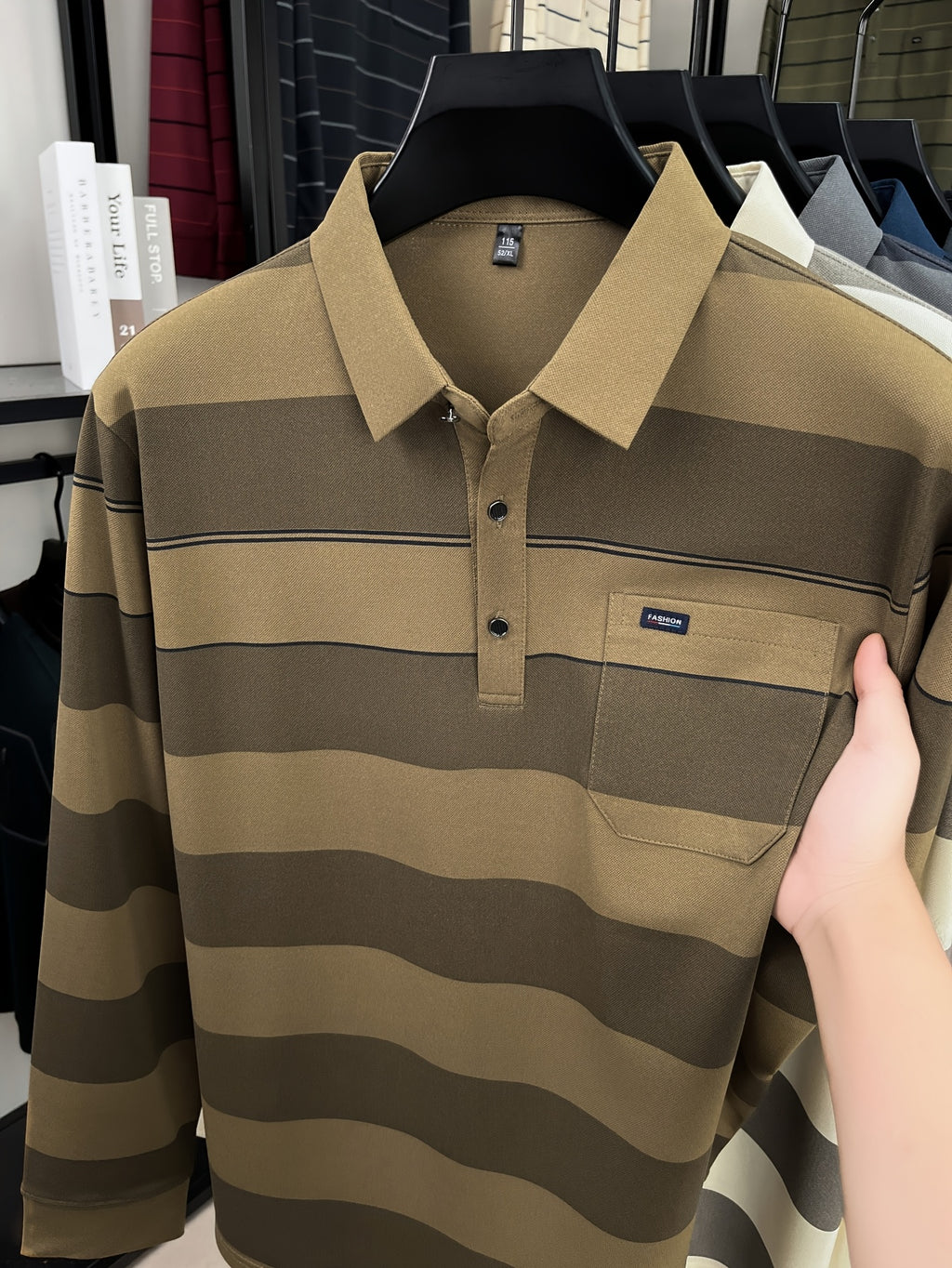 Autumn Men'S Long Sleeve T-Shirt 2026 New Style Wide Stripe Lapel with Real Pockets Casual Long Sleeve POLO Shirt - Khaki