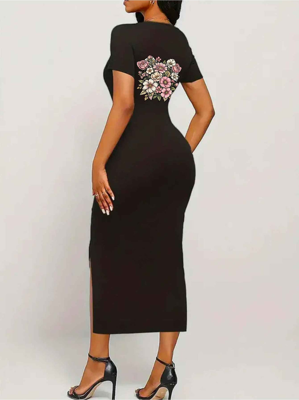 Black Floral-Print Bodycon Dress with Side Slit Back, Short Sleeve, Feminine Fit for Casual Or Party Wear - Black