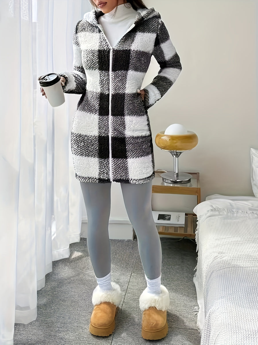 Plaid Printed Double-Faced Plush Hooded Zipper Cardigan Casual Women'S Autumn Winter Plush Coat - Black
