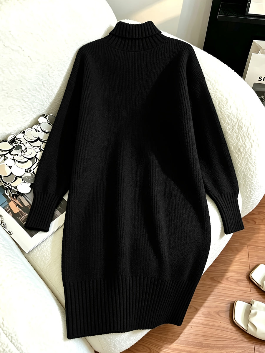 Women's Mid-length Sweater Dress, Korean-style Loose-fit Long Straight-cut Dress That Conceals Curves and Is, Solid-color Outerwear Sweater Dress, Elegant High-neck Base Layer Dress, High-end Winter Sweater Dress - Black