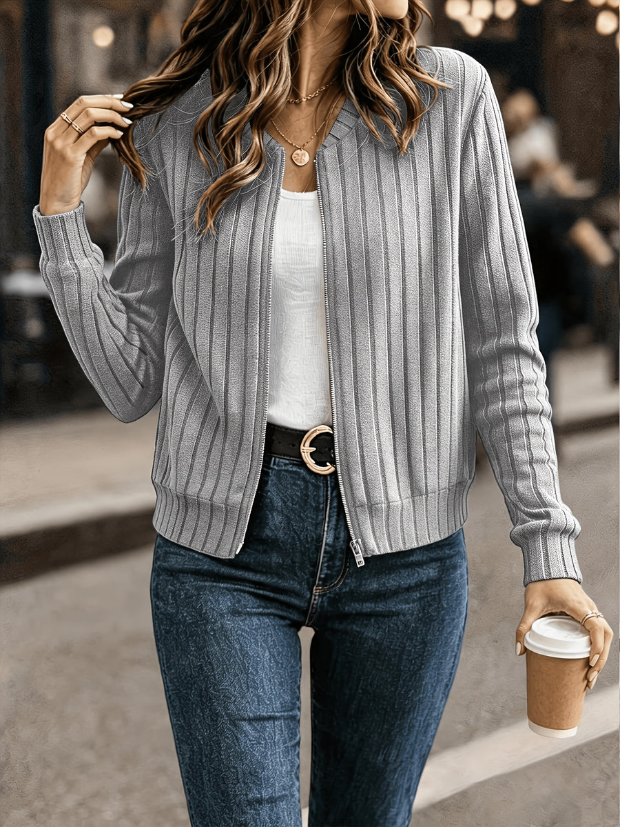 Elegant Directional, Elegant Solid Color Ribbed Zipper Long-Sleeve Jacket Coat - Autumn/Winter Style, Suitable for Commuting, Elegant Casual Wear, Wear - Grey