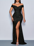 A Women'S Bridesmaid Dress Suitable for Parties, Vacations, And Dates, Featuring an Elegant Solid Color, Stylish Twisted Off-Shoulder Design, Backless Straps, High Slit, And a Mermaid Silhouette with Metallic Sheen - Black