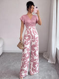 New Elegant Fashion Printed V-Neck Waist Stitching Contrast Color Jumpsuit - Mixed colors