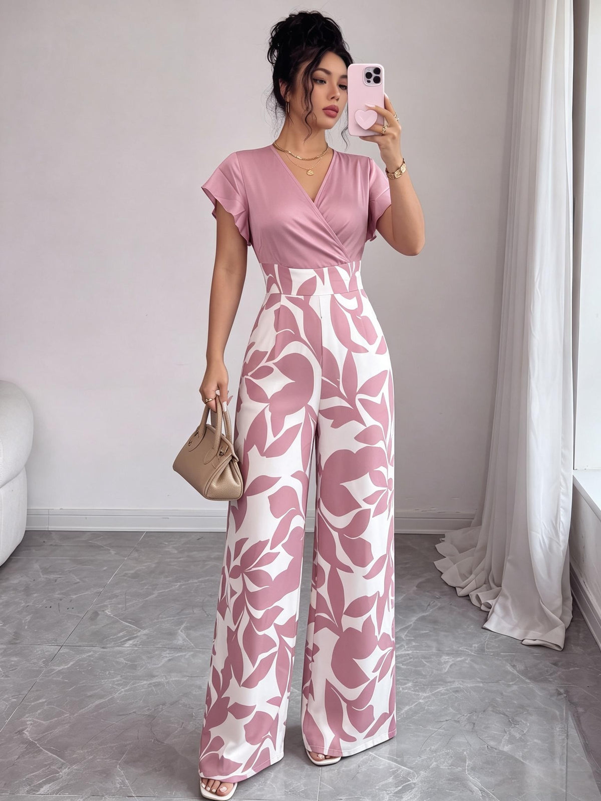 New Elegant Fashion Printed V-Neck Waist Stitching Contrast Color Jumpsuit - Mixed colors