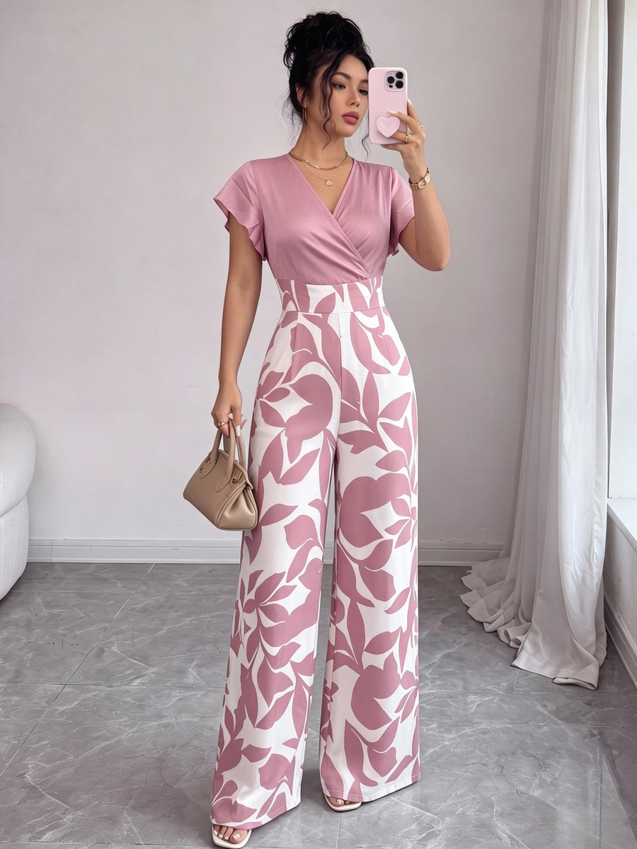 New Elegant Fashion Printed V-Neck Waist Stitching Contrast Color Jumpsuit - Mixed colors