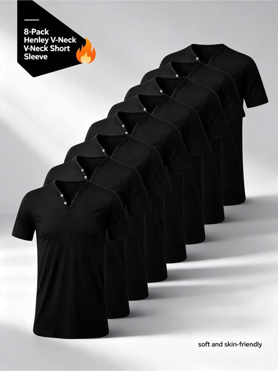 Men'S Henley Shirts, 8pcs Black V-Neck Short Sleeve, Polyester Material, Soft And Skin-Friendly, Multiple Sizes Available, Stylish And Comfortable for Daily Wear, Casual Outings - 8 Black
