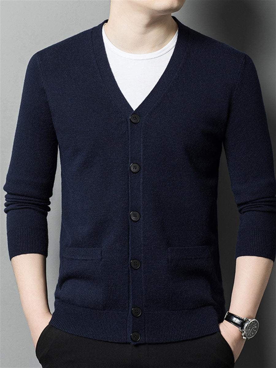 Autumn Winter Knit 3D Solid Color V-Neck Sweater, Basic Knit Cardigan for Men, Fashionable Long Sleeve Sweater, Cangyuan Y - Shangqing