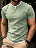 American-style Minimalist Color-Block White-Trimmed Henley Shirt for Men, Versatile Commuting Breathable Thin Short-Sleeve Base Layer Top, Summer Color-Block V-Neck Solid Color T-Shirt, Casual Short Sleeve - Yellow-green