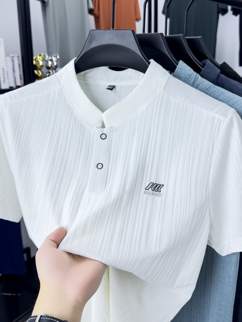 [Pearson Obm]Summer New Small Stand Collar Ice Fiber Fabric Quick-Drying Short-Sleeved T-Shirt Men'S Young Loose Casual Short-Sleeved Top Men'S Clothing Lao Zhou - White