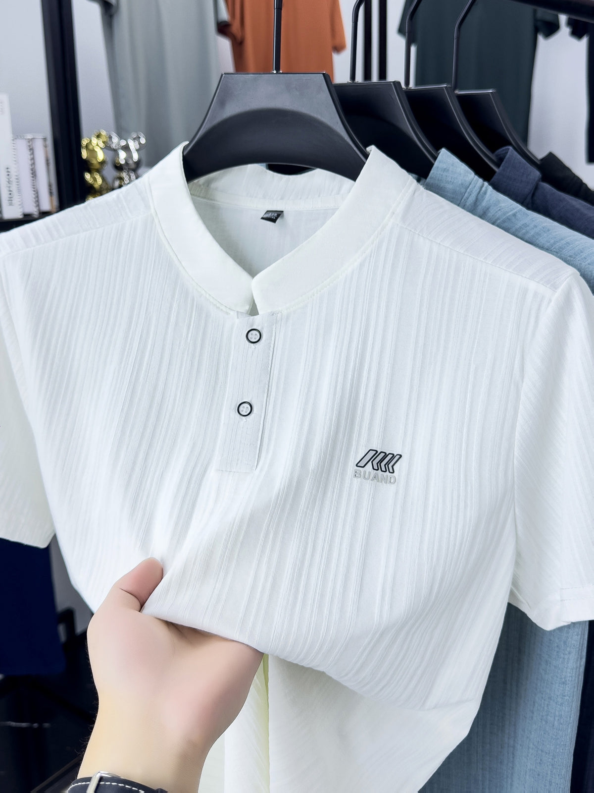 [Pearson Obm]Summer New Small Stand Collar Ice Fiber Fabric Quick-Drying Short-Sleeved T-Shirt Men'S Young Loose Casual Short-Sleeved Top Men'S Clothing Lao Zhou - White