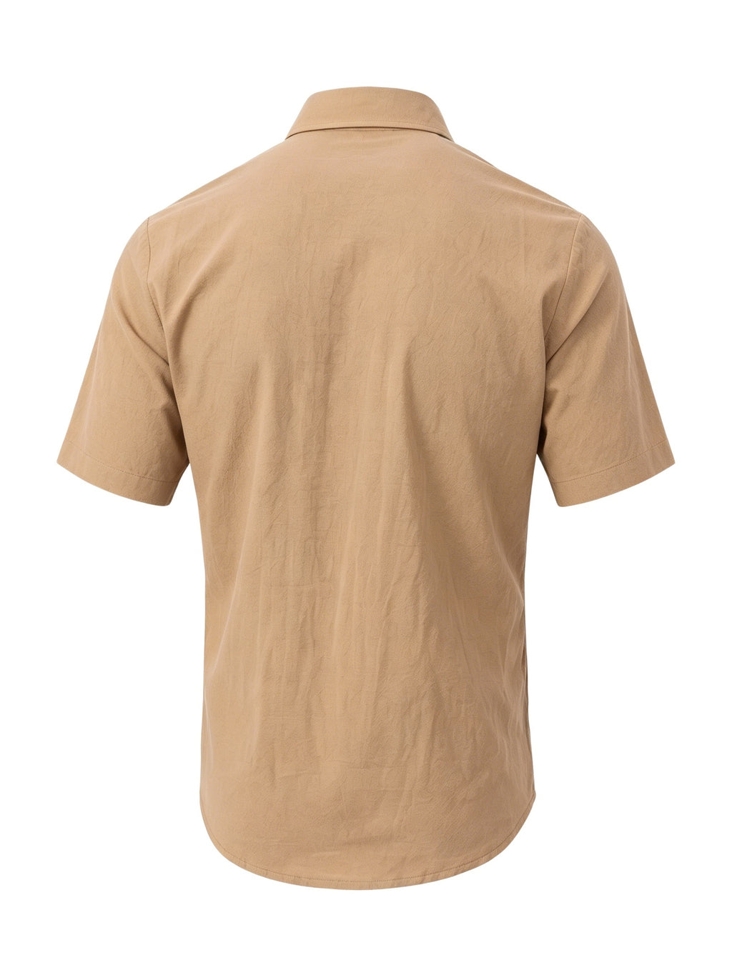 Men's Solid Color Button-Up Lapel Collar Short Sleeve Shirt - Breathable Textured Linen Button-Front Collar Shirt Suitable for Beach, Casual & -Casual Wear, Summer Office Outfits - Non-Stretch Button Collar - Khaki
