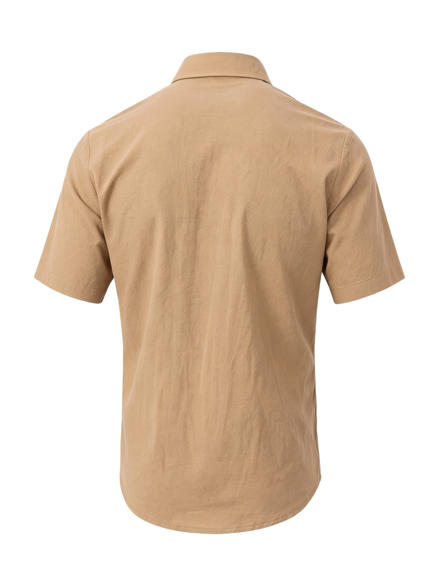 Men's Solid Color Button-Up Lapel Collar Short Sleeve Shirt - Breathable Textured Linen Button-Front Collar Shirt Suitable for Beach, Casual & -Casual Wear, Summer Office Outfits - Non-Stretch Button Collar - Khaki