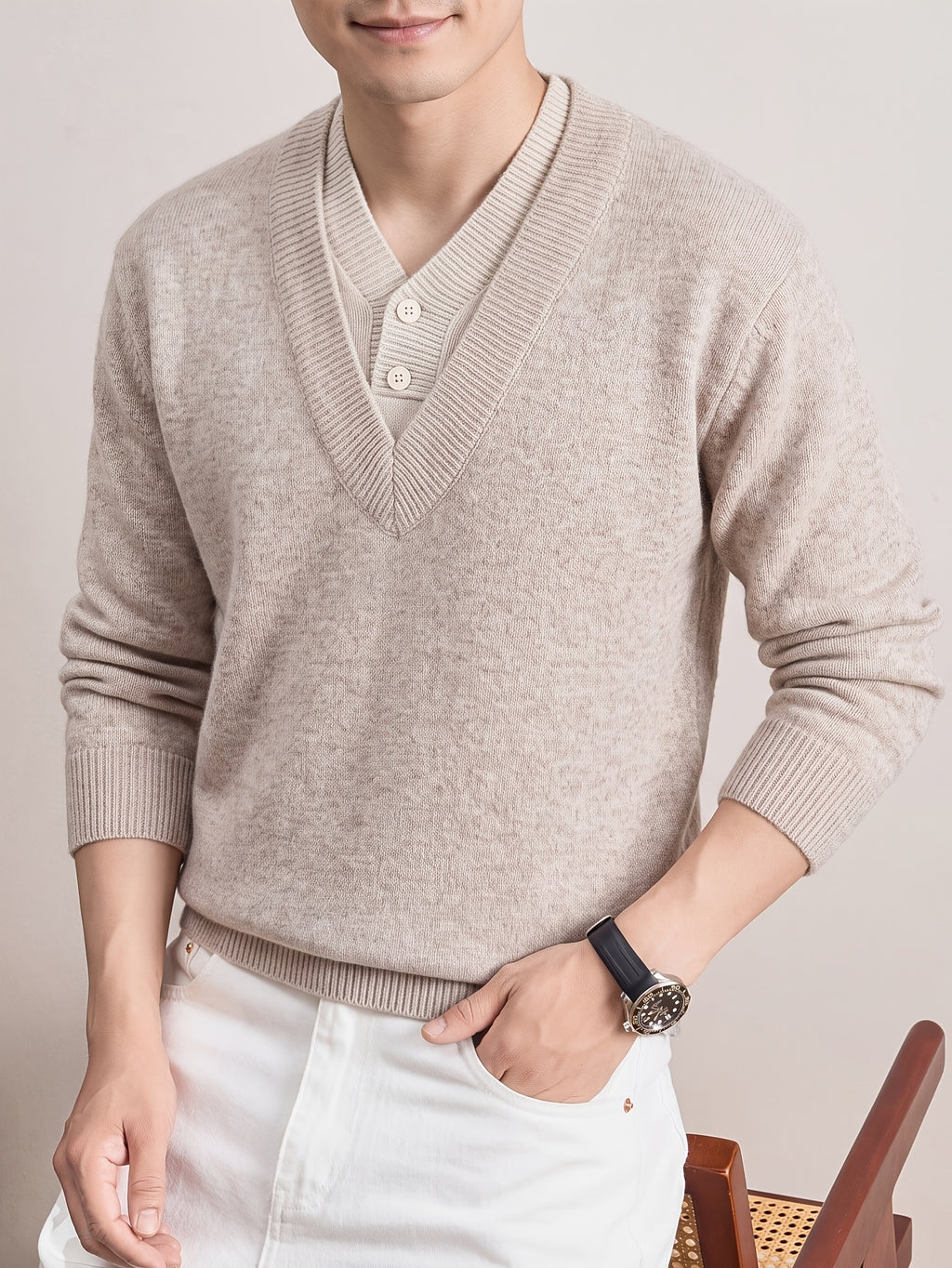 Autumn/Winter Thickened V-Neck Sweater, Men's Warm Casual Knit Top, Suitable for Daily Commuting and Business - Apricot