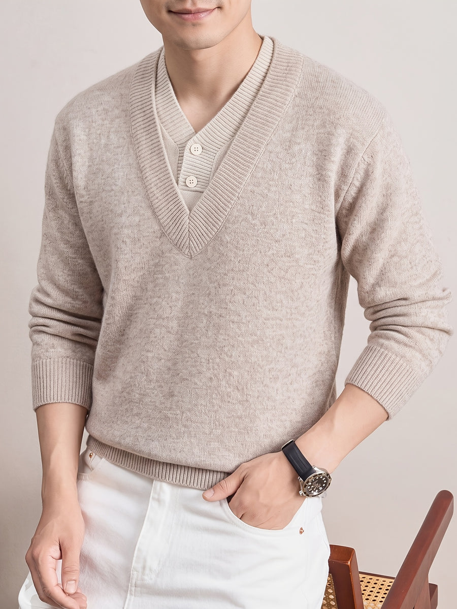 Autumn/Winter Thickened V-Neck Sweater, Men's Warm Casual Knit Top, Suitable for Daily Commuting and Business - Apricot