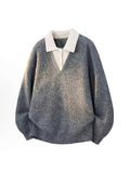 Simple Casual Color-Block Patchwork Lapel Pullover Long-Sleeve Sweater, Fashionable 2-in-1 Look Knitwear - Grey