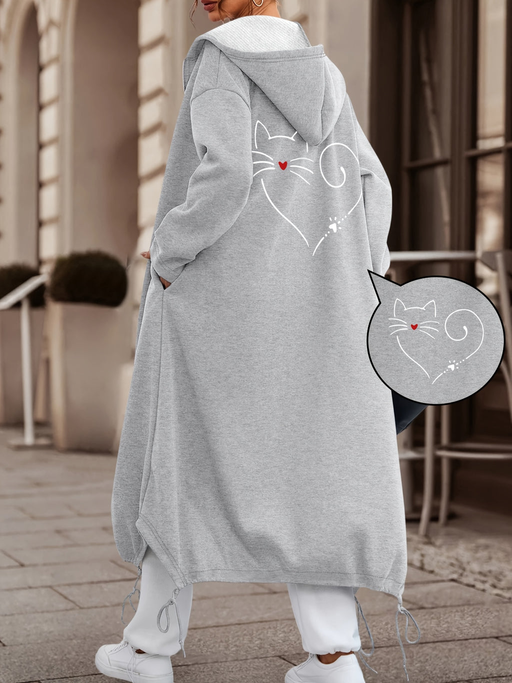 Women's Casual Fashion Long Hooded Jacket with Front and Back Print of White Lines, Red Heart Nose Cat Design + Heart-Shaped Tail Decoration, Comfortable and Versatile for Daily Commute and Multiple Scenarios - Grey
