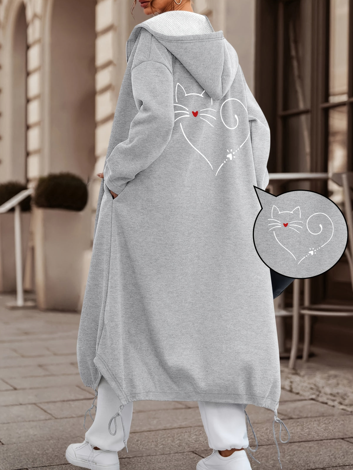 Women's Casual Fashion Long Hooded Jacket with Front and Back Print of White Lines, Red Heart Nose Cat Design + Heart-Shaped Tail Decoration, Comfortable and Versatile for Daily Commute and Multiple Scenarios - Grey