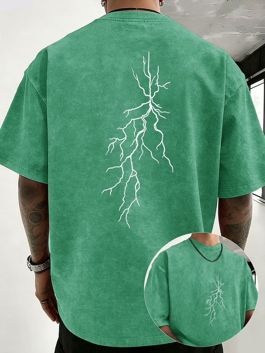 Men 100% Washed Distressed Crew Neck Short-Sleeve T-Shirt, Sketch Lightning Graphic Position Double-Sided Print, Trendy Loose Casual Tee Tops, 12 Colors Available - Green