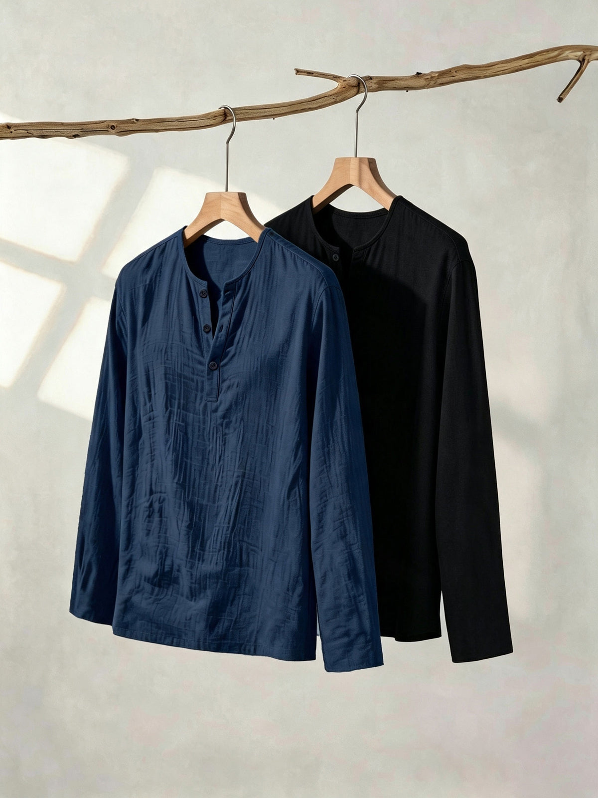 Spring/Autumn New Men'S Linen Henley Long Sleeve Shirt, 2pcs Set, Solid Color Casual Top - Navy Blue + Black