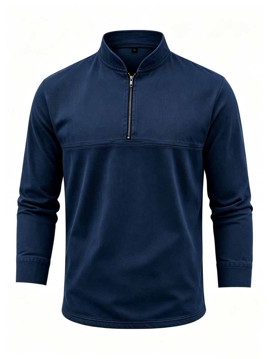 Men's Linen Long Sleeve Henley Shirt Stand Collar Loose Polo Shirt Men's Linen Zipper Casual Shirt - Navy Color
