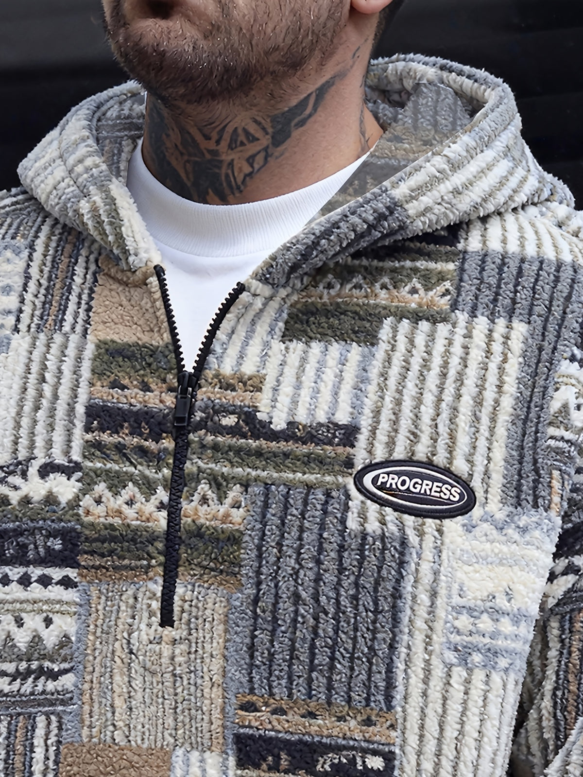 Men's Trendy Printed Hooded Zip-Up Plush Sweatshirt with Large Pockets, Soft, Comfortable, Thick, and Warm Fabric, Suitable for Daily Streetwear, Commuting, Casual Outings, Parties, and Social Gatherings, New Autumn/Winter Long-Sleeve Sweatshirt - Khaki