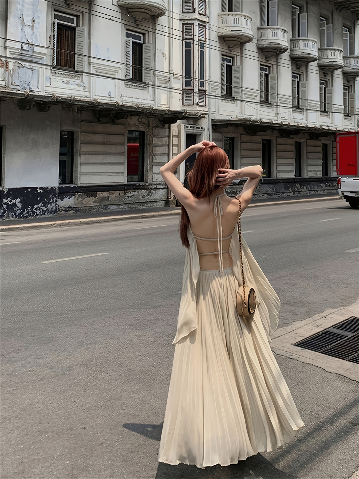 Elegant Solid Color Bohemian Party Pleated Backless Tie-Up Set Beach Spring - Apricot