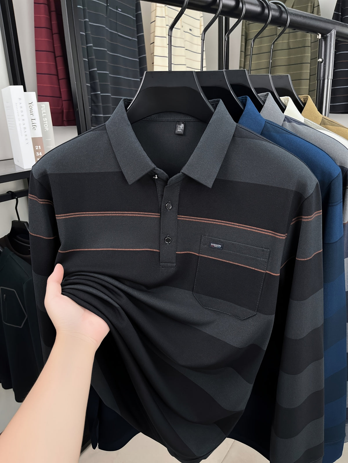 Autumn Men'S Long Sleeve T-Shirt 2026 New Style Wide Stripe Lapel with Real Pockets Casual Long Sleeve POLO Shirt - Charcoal Gray