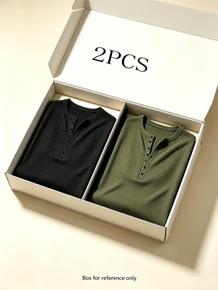 2pcs Men's Long Sleeve Vertical Rib Knit Henley Shirt, Slim Fit with Waist Taper to Highlight a Masculine Silhouette, Breathable and Skin-Friendly, Not Stuffy, High-Stretch Vertical Ribbed 7-Button Placket Versatile Top, Suitable for Daily Casual - black + army green