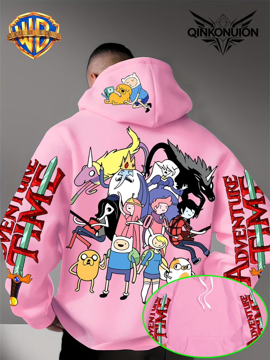 Warner Official Men's Hoodie, Adventure Treasure Full Character Gathering Adventure Print Design, Machine Washable, Warm and Casual for Autumn and Winter, Daily Drawstring Hoodie, Multifunctional Sports and Casual Loose Fit - Pink Color