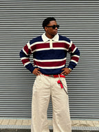 OBM Vintage Red, Blue, and White Contrast Stripe Polo Collar Knit Sweatshirt - American Street Style Youth Relaxed Fit Top - Navy Color