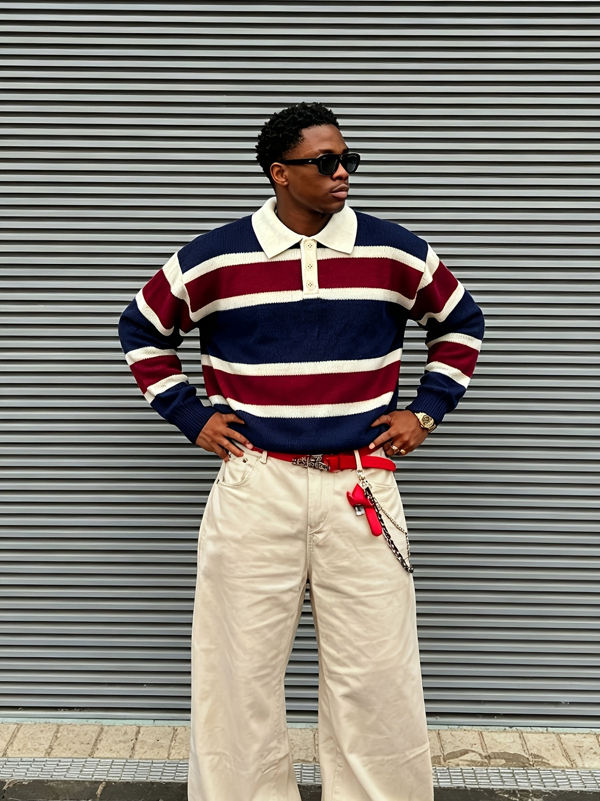 OBM Vintage Red, Blue, and White Contrast Stripe Polo Collar Knit Sweatshirt - American Street Style Youth Relaxed Fit Top - Navy Color