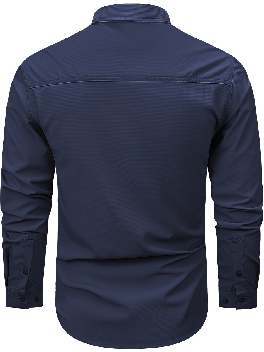 Outdoor Multi-pocket Functional Combat Quick-drying Shirt Casual Quick-drying Sports Shirt Thin Style with Four Chest Pockets and Armpit Ventilation Holes, Hunting - Dark Blue