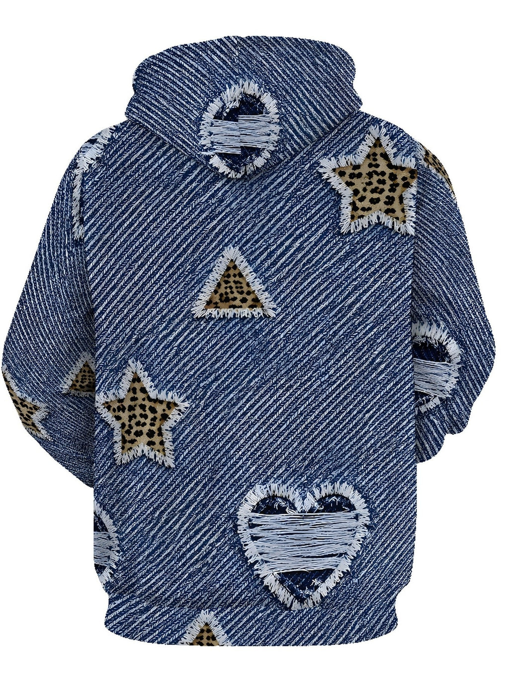 Men'S Long Sleeve Pullover Hoodie, Blue And White Faux Denim Texture with Leopard Print Stars And Triangles, Digital Print, Drawstring Hood, Front Pocket, Ribbed Cuffs And Hem, Casual Street Style, Daily Wear, Street Casual, Spring Autumn - Mixed colors