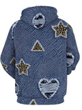 Men'S Long Sleeve Pullover Hoodie, Blue And White Faux Denim Texture with Leopard Print Stars And Triangles, Digital Print, Drawstring Hood, Front Pocket, Ribbed Cuffs And Hem, Casual Street Style, Daily Wear, Street Casual, Spring Autumn - Mixed colors