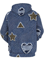 Men'S Long Sleeve Pullover Hoodie, Blue And White Faux Denim Texture with Leopard Print Stars And Triangles, Digital Print, Drawstring Hood, Front Pocket, Ribbed Cuffs And Hem, Casual Street Style, Daily Wear, Street Casual, Spring Autumn - Mixed colors