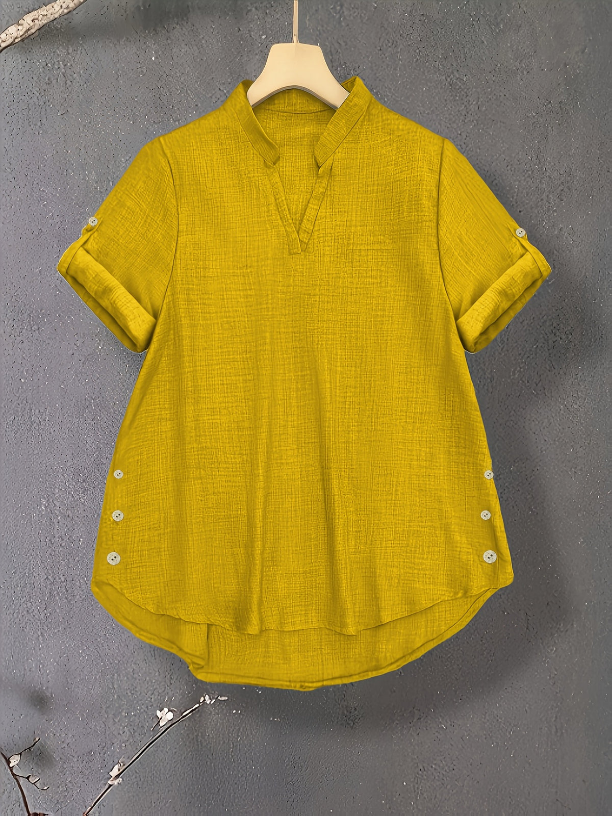New V-neck Button-detail Short-sleeve Top with Elastic Waist and Side Slant Pockets Women's Set - Lemon Yellow