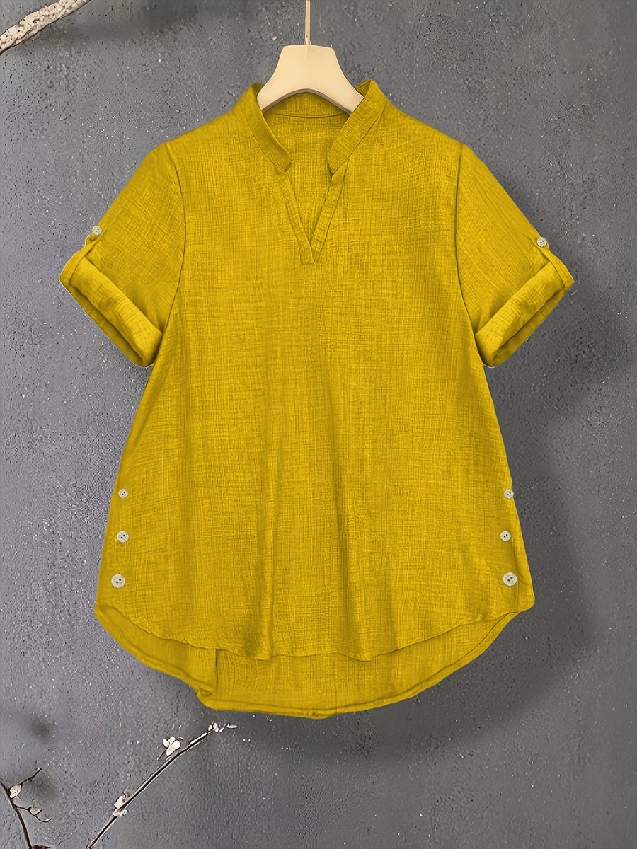 New V-neck Button-detail Short-sleeve Top with Elastic Waist and Side Slant Pockets Women's Set - Lemon Yellow
