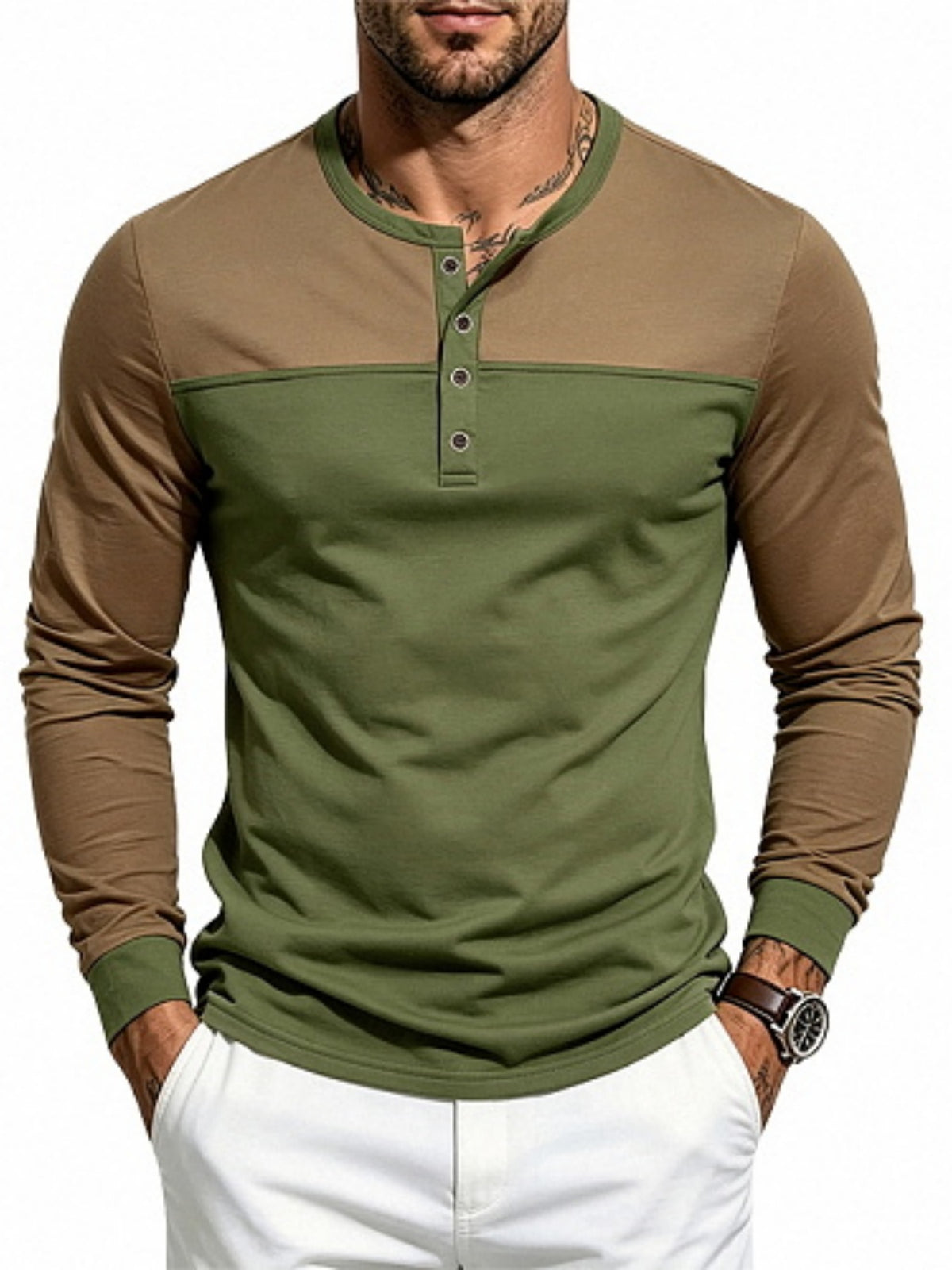 Men'S Henley Collar Long Sleeve T-Shirt, Casual Commute Outdoor Home Top, Contrast Color Patchwork Half-Button Design, Casual Easy Style, All-Season Fit, Ribbed Collar And Cuffs with Soft Elastic Knit Fabric, Men'S Favorite Holiday Gift - Brown+lv