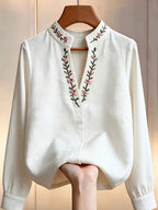 Women's -Neck Floral Blouse Shirt - Stand Collar Long Sleeve Blouse Top with -Neck Collar & Embroidery, Machine Washable Suitable for Office, Commuting, Casual Wear, Year-Round Elegant Blouse Shirt for Professional Attire - White