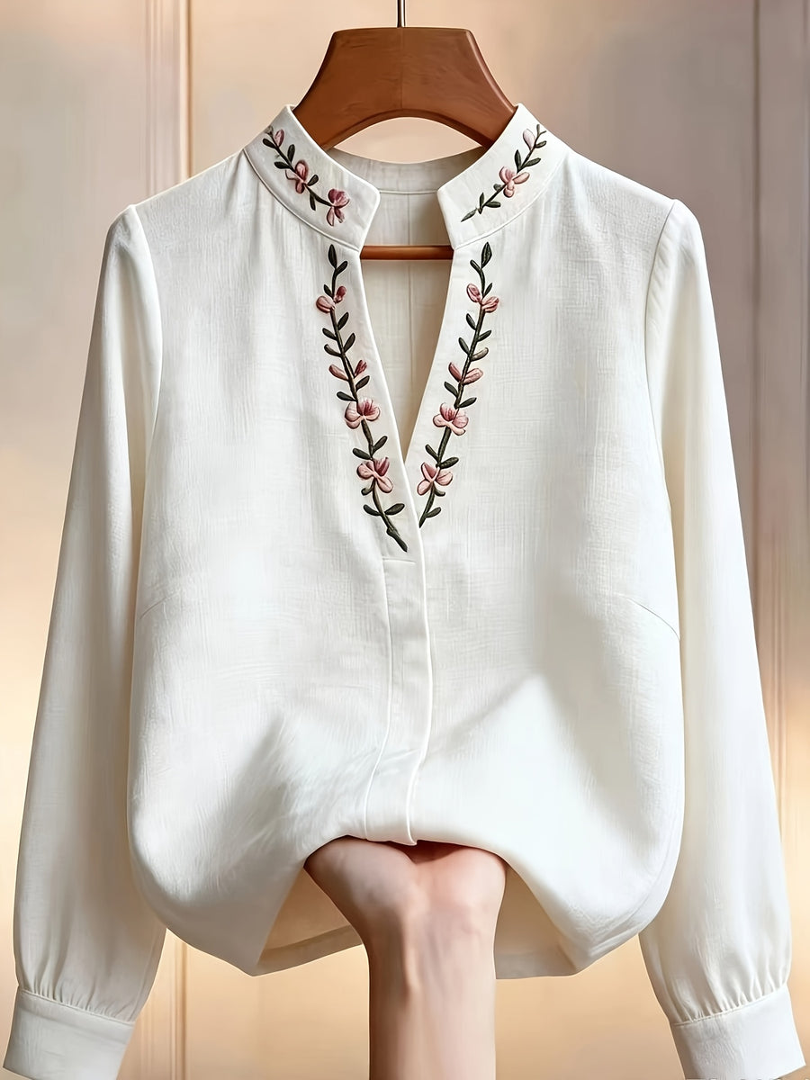 Women's -Neck Floral Blouse Shirt - Stand Collar Long Sleeve Blouse Top with -Neck Collar & Embroidery, Machine Washable Suitable for Office, Commuting, Casual Wear, Year-Round Elegant Blouse Shirt for Professional Attire - White