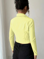 Women's Slim-Fit Lapel Zip Casual Solid Long Sleeve Shirt - Yellow