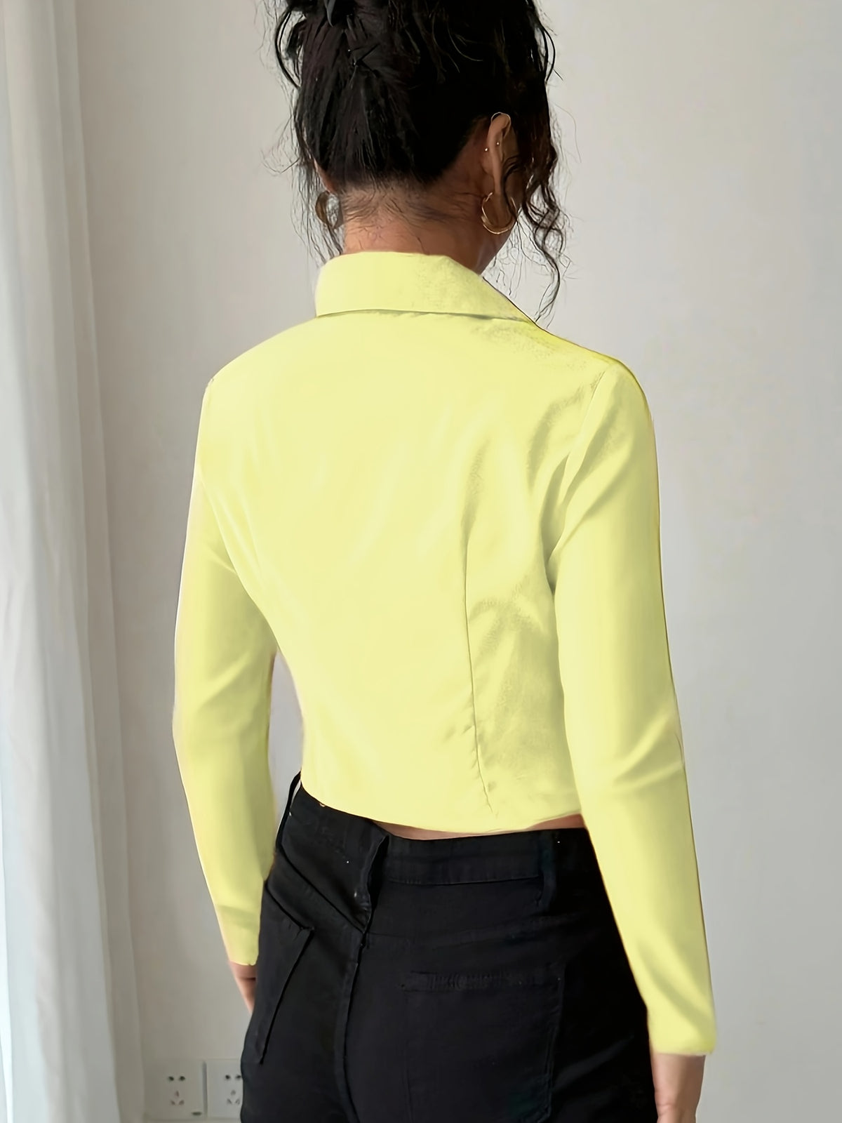 Women's Slim-Fit Lapel Zip Casual Solid Long Sleeve Shirt - Yellow